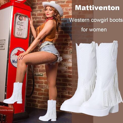 Mattiventon منتصف العجل أحذية راعية البقر للنساء منصة مكتنزة التطريز أحذية رعاة البقر سحب على منتصف العجل الأحذية الغربية in Kuwait
