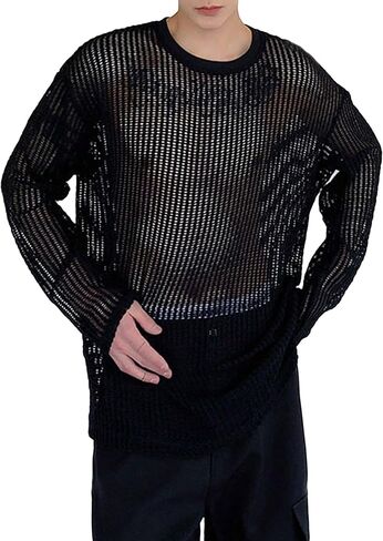 SweatyRocks Men's Solid Hollow Out Drop Shoulder Long Sleeve Knit Tops Lightweight Pullover Sweater in Kuwait
