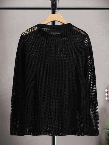 SweatyRocks Men's Solid Hollow Out Drop Shoulder Long Sleeve Knit Tops Lightweight Pullover Sweater in Kuwait