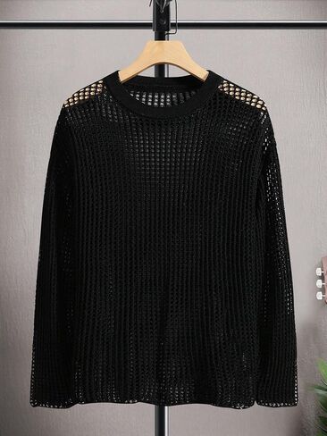 SweatyRocks Men's Solid Hollow Out Drop Shoulder Long Sleeve Knit Tops Lightweight Pullover Sweater in Kuwait