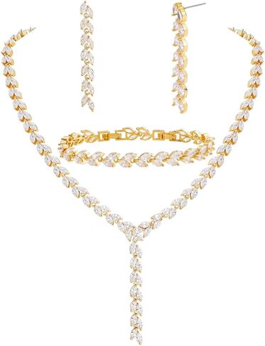 مجموعة مجوهرات MEEDOZ CZ للنساء، قلادة مطلية بالذهب متدلية وحلق قابل للتعديل مع مجموعة زركونيا مكعبة على شكل دمعة لحفلات الزفاف in Kuwait