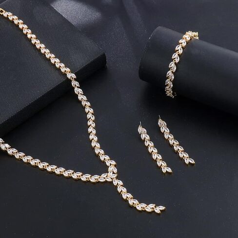 مجموعة مجوهرات MEEDOZ CZ للنساء، قلادة مطلية بالذهب متدلية وحلق قابل للتعديل مع مجموعة زركونيا مكعبة على شكل دمعة لحفلات الزفاف in Kuwait