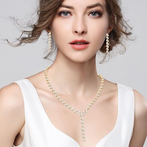 مجموعة مجوهرات MEEDOZ CZ للنساء، قلادة مطلية بالذهب متدلية وحلق قابل للتعديل مع مجموعة زركونيا مكعبة على شكل دمعة لحفلات الزفاف in Kuwait