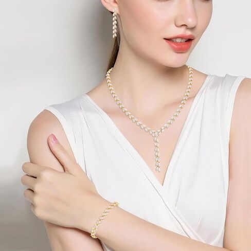 مجموعة مجوهرات MEEDOZ CZ للنساء، قلادة مطلية بالذهب متدلية وحلق قابل للتعديل مع مجموعة زركونيا مكعبة على شكل دمعة لحفلات الزفاف in Kuwait