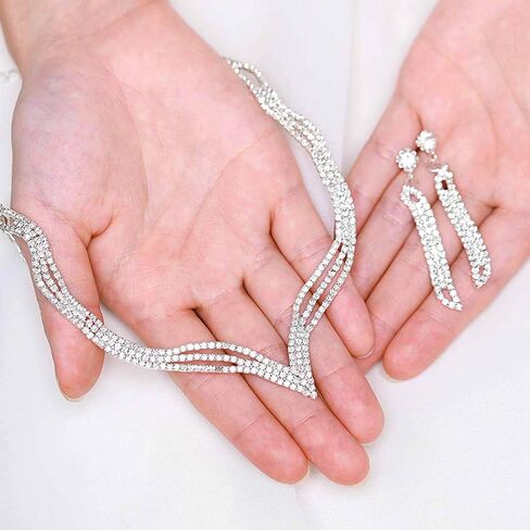 Aukmla Silver Bridal Jewelry Set for Wedding Rhinestones Bridal Necklaces and Earring Sets Prom Costume Jewelry Accessories for Women and Girls (Set of 3) in Saudi Arabia