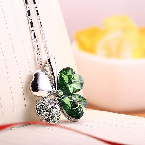 Merdia Four Leaf Clover Heart-shaped Crystal Pendant Necklace | Necklaces for Women | Heart Necklace | Silver necklace for Women | Womens Gifts | Heart Pendant Necklace | 4 Leaf Clover Necklace in Saudi Arabia