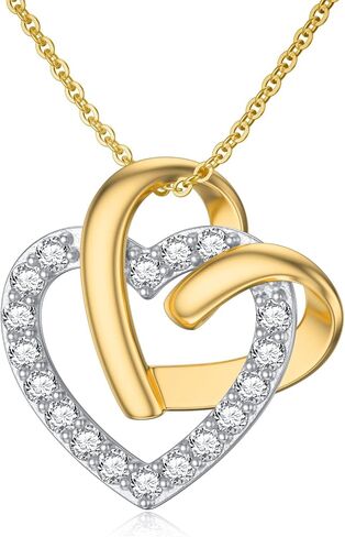 Rikelus 14K Real Gold Heart Necklace for Women Mother, Two-Tone Solid Gold Double Heart Necklace, Mothers Day Gifts for Mom Wife Girlfriend Her 16+1+1 inch in Saudi Arabia