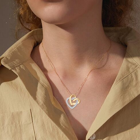 Rikelus 14K Real Gold Heart Necklace for Women Mother, Two-Tone Solid Gold Double Heart Necklace, Mothers Day Gifts for Mom Wife Girlfriend Her 16+1+1 inch in Saudi Arabia