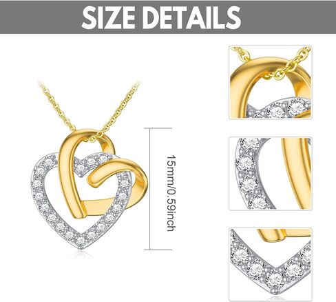 Rikelus 14K Real Gold Heart Necklace for Women Mother, Two-Tone Solid Gold Double Heart Necklace, Mothers Day Gifts for Mom Wife Girlfriend Her 16+1+1 inch in Saudi Arabia
