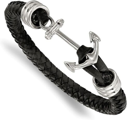 Solid Stainless Steel Men's Black Braided Leather Anchor Mariner 8.5in Bracelet 8.5" in Saudi Arabia