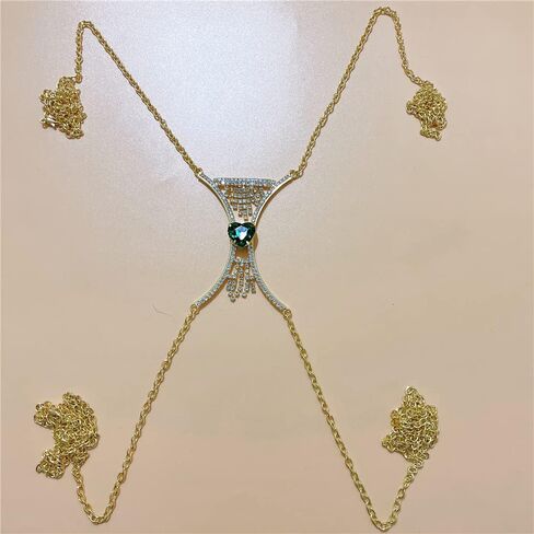 Xerling Green Heart Crystal Rhinestones Fringe Tassels Bra Chain Sexy Women Body Chains Bling Body Jewelry for Party Costume Bikini Summer Body Chains (Green Gold) in Saudi Arabia