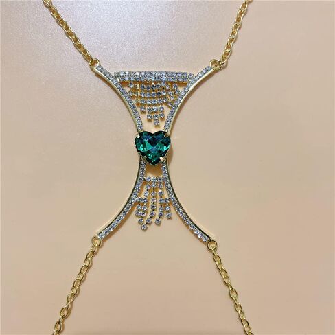 Xerling Green Heart Crystal Rhinestones Fringe Tassels Bra Chain Sexy Women Body Chains Bling Body Jewelry for Party Costume Bikini Summer Body Chains (Green Gold) in Saudi Arabia