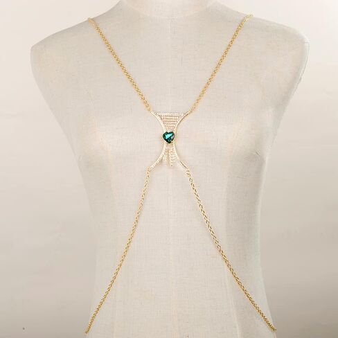 Xerling Green Heart Crystal Rhinestones Fringe Tassels Bra Chain Sexy Women Body Chains Bling Body Jewelry for Party Costume Bikini Summer Body Chains (Green Gold) in Saudi Arabia