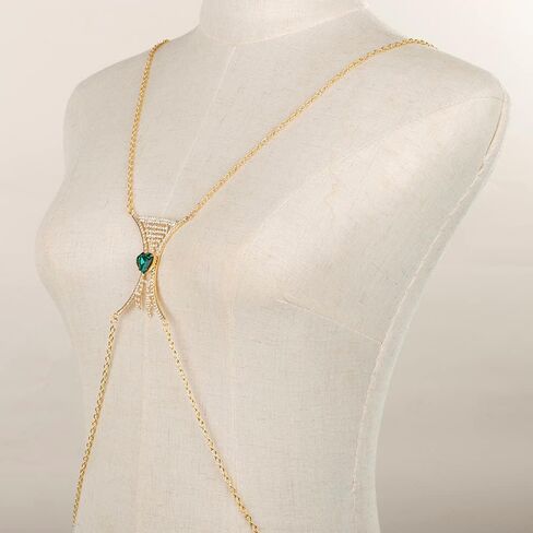 Xerling Green Heart Crystal Rhinestones Fringe Tassels Bra Chain Sexy Women Body Chains Bling Body Jewelry for Party Costume Bikini Summer Body Chains (Green Gold) in Saudi Arabia