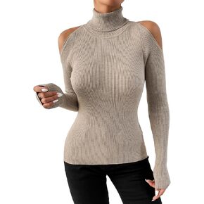 WDIRARA Women's Solid Long Sleeve Turtleneck Knitted Cold Shoulder Sweater Casual Pullover Sweaters