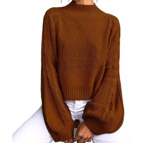 Women's Mock Turtleneck Lantern Sleeve Cable Knit Pullover Sweater Tops