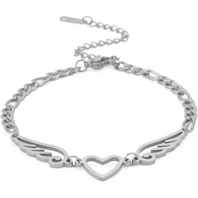 EUEAVAN Love Heart Guardian Angel Wings Stainless Steel Bracelets Openwork Heart Figaro Bracelet For Women Girls Jewelry Gifts