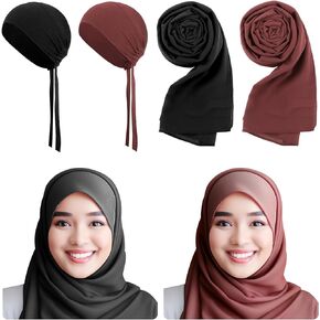 Bunnycool 2 Pcs Women Chiffon Scarves 2 Pcs Hijab Caps Long Shawl Soft Wrap Scarves Muslim Islamic Underscarf Caps Sleep Hats
