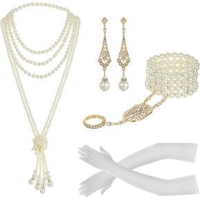 LUBINGSHINE 3pcs Pearl Jewelry Set 1920s Vintage Accessories for Women Long Multilayer Imitation Pearl Necklace Bracelet Dangly Earrings