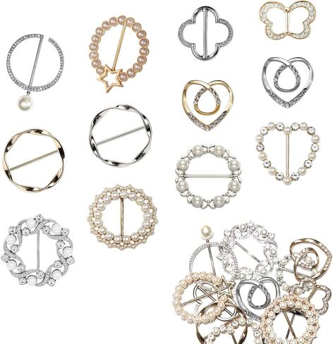 12 Pcs Scarf Ring Shirt Clips, Fashion Shirt Clips With Rhinestone And Pearl Bling Buckle Shirt Ties Clips for Women Clothes Decor, Alloy, Artificial pearl and rhinestones, no gemstone in Kuwait