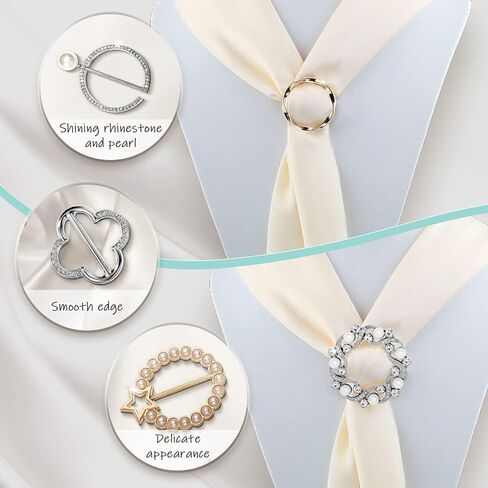 12 Pcs Scarf Ring Shirt Clips, Fashion Shirt Clips With Rhinestone And Pearl Bling Buckle Shirt Ties Clips for Women Clothes Decor, Alloy, Artificial pearl and rhinestones, no gemstone in Kuwait