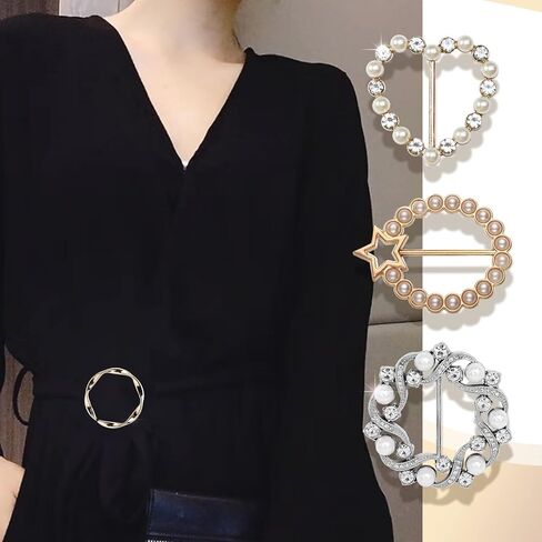 12 Pcs Scarf Ring Shirt Clips, Fashion Shirt Clips With Rhinestone And Pearl Bling Buckle Shirt Ties Clips for Women Clothes Decor, Alloy, Artificial pearl and rhinestones, no gemstone in Kuwait