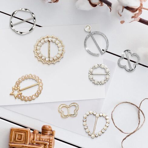 12 Pcs Scarf Ring Shirt Clips, Fashion Shirt Clips With Rhinestone And Pearl Bling Buckle Shirt Ties Clips for Women Clothes Decor, Alloy, Artificial pearl and rhinestones, no gemstone in Kuwait