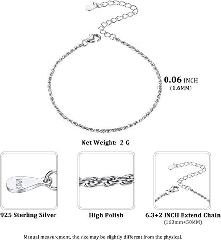 ChicSilver 925 Sterling Silver Simple Durable Cuban Link/Figaro/Twist Rope/Bead Chain Bracelet for Women Teen Girls(with Gift Box) in Saudi Arabia