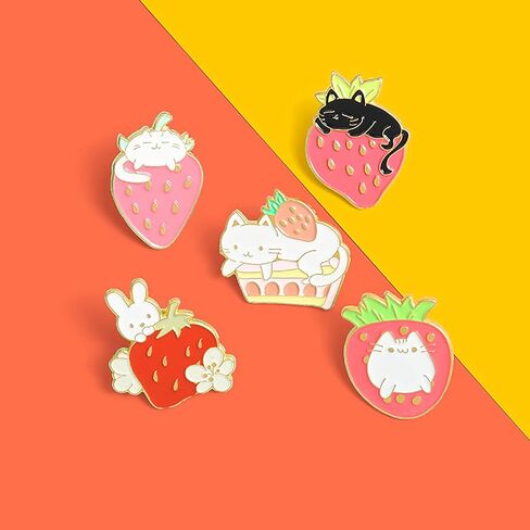 Sweet Strawberry Enamel Pins Set Cartoon Fruit Rabbit Cat Lapel Pins for Women Girl Cute Brooches Pin Badges for Clothing Backpacks in Kuwait