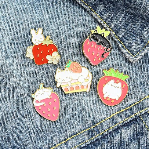 Sweet Strawberry Enamel Pins Set Cartoon Fruit Rabbit Cat Lapel Pins for Women Girl Cute Brooches Pin Badges for Clothing Backpacks in Kuwait