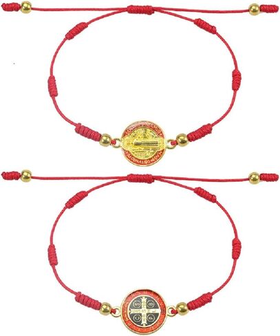 2Pcs Catholic Virgin Mary Saint Benedict Medal Cross Bracelet Set for Men Women Boy Girl Teen Adjustable Cord Wrist Bracelet Religious Protection Amulet Braided Red String 7 Knot Bracelet in Saudi Arabia