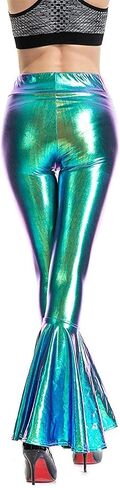 Aventy Women Flare Shiny Leggings Metallic Mermaid Stretchy Ruffle Bell Bottom Pants for Women Disco High Waist Legging (Blue, Small) in Kuwait
