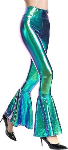 Aventy Women Flare Shiny Leggings Metallic Mermaid Stretchy Ruffle Bell Bottom Pants for Women Disco High Waist Legging (Blue, Small) in Kuwait