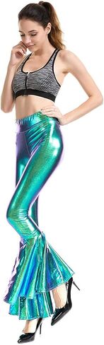 Aventy Women Flare Shiny Leggings Metallic Mermaid Stretchy Ruffle Bell Bottom Pants for Women Disco High Waist Legging (Blue, Small) in Kuwait