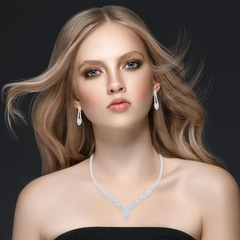 DIVINA VITAE Sparkle Rhinestone Necklace And Earring Set Formal Bridal Wedding Jewelry Sets Bride Bridesmaid Prom Costume Jewelry Set for Bride Women Girls Wedding Accessories(Silver) in Saudi Arabia