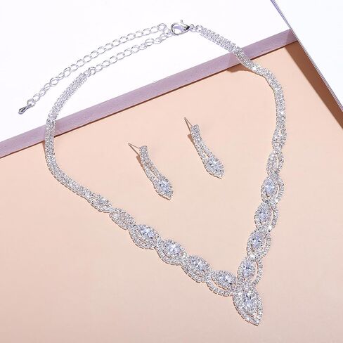 DIVINA VITAE Sparkle Rhinestone Necklace And Earring Set Formal Bridal Wedding Jewelry Sets Bride Bridesmaid Prom Costume Jewelry Set for Bride Women Girls Wedding Accessories(Silver) in Saudi Arabia