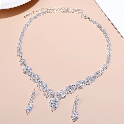 DIVINA VITAE Sparkle Rhinestone Necklace And Earring Set Formal Bridal Wedding Jewelry Sets Bride Bridesmaid Prom Costume Jewelry Set for Bride Women Girls Wedding Accessories(Silver) in Saudi Arabia