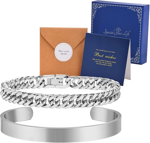 أساور رجالي قطعتين هدايا تخرج له - أساور من الفولاذ المقاوم للصدأ للرجال سلسلة ربط كوبية قابلة للتعديل، هدايا مجوهرات لصديق المعلم والذكرى السنوية لعيد الميلاد 8 مم 7.5/8.5 بوصة in Kuwait