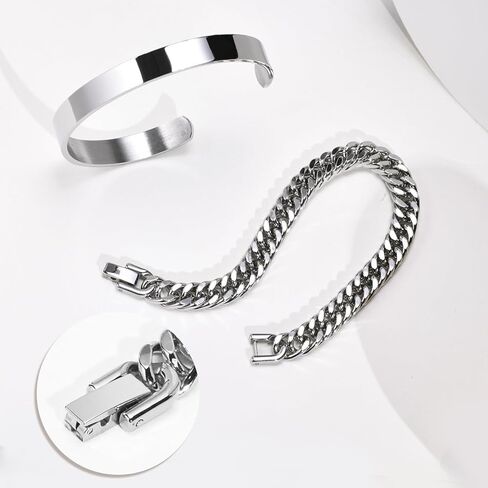 أساور رجالي قطعتين هدايا تخرج له - أساور من الفولاذ المقاوم للصدأ للرجال سلسلة ربط كوبية قابلة للتعديل، هدايا مجوهرات لصديق المعلم والذكرى السنوية لعيد الميلاد 8 مم 7.5/8.5 بوصة in Kuwait