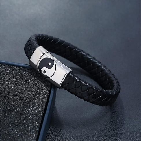 Eastlinran Yin Yang Bracelet for Men Men's Braided Bracelet Yin Yang Taoist Symbol Taichi Yoga Leather Cords Woven Clasp Bangle Wristbands in Kuwait