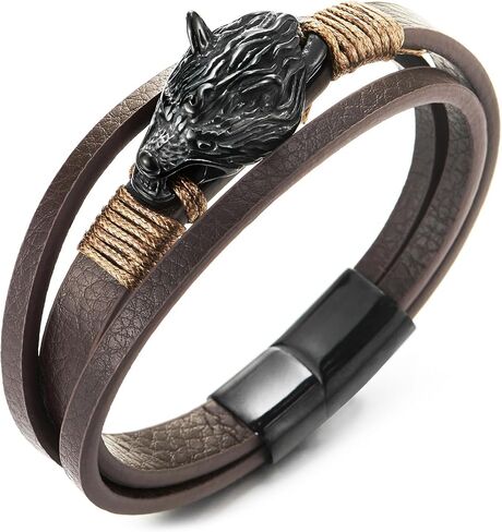 COOLSTEELANDBEYOND Men Black Steel Vintage Wolf Head Three-Strand Brown Braided Leather Bangle Wristband Bracelet in Saudi Arabia