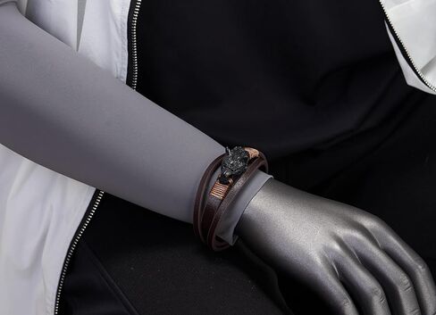 COOLSTEELANDBEYOND Men Black Steel Vintage Wolf Head Three-Strand Brown Braided Leather Bangle Wristband Bracelet in Saudi Arabia