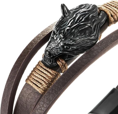 COOLSTEELANDBEYOND Men Black Steel Vintage Wolf Head Three-Strand Brown Braided Leather Bangle Wristband Bracelet in Saudi Arabia