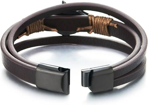 COOLSTEELANDBEYOND Men Black Steel Vintage Wolf Head Three-Strand Brown Braided Leather Bangle Wristband Bracelet in Saudi Arabia