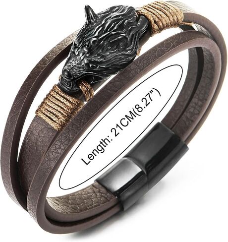 COOLSTEELANDBEYOND Men Black Steel Vintage Wolf Head Three-Strand Brown Braided Leather Bangle Wristband Bracelet in Saudi Arabia