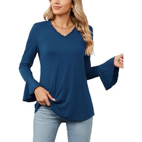 قمصان TFSDOD النسائية ذات الأكمام الجرس ورقبة على شكل V وأكمام طويلة مكشكشة ورقبة واسعة وأكمام واسعة وبلوزات أنيقة in Kuwait