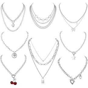 مجموعة قلادة سلسلة من 8 قطع فضية/ذهبية اللون من تامهو للنساء والفتيات المراهقات والفتيان - قلادة قلادات متعددة الطبقات بتصميم متعدد الأنماط، قلادة إيجيرل سلاسل إيمو سلاسل قوطية إكسسوارات مجوهرات بديلة in Kuwait