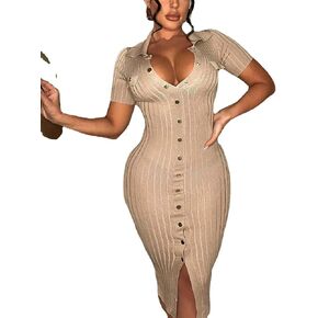 Women's Fashion Sexy Elegant Comfortable Fit Vital V-Neck Knitted Short Sleeve Dress in Saudi Arabia