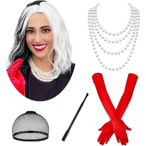 NICAT Cruella Deville Costume Women with Necklace Gloves Cruella Deville Wig Accessories for Party Costume NT037BW Black and White in Saudi Arabia