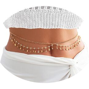 Sexy Wavy Tassel Belly Chain with Rhinestone 27-37 Inch for Women Girls 18K Gold Plated Waist Chain Adjustable Summer Beach Bikini Body Chains Stomach Jewelry Butterfly Shell Star